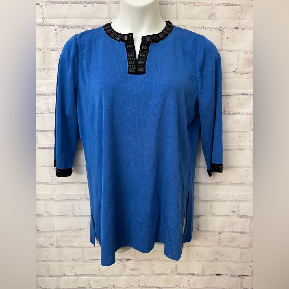 Ming Wang‎ Blue Black Beaded Embellished Tunic Top Size XL